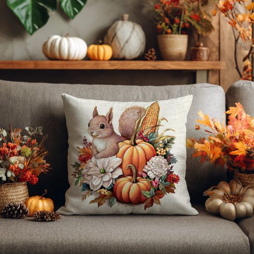Őszi tökös, mókusos díszpárna huzat