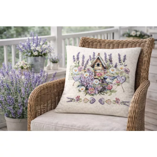 Levendulás, madárházas díszpárna huzat