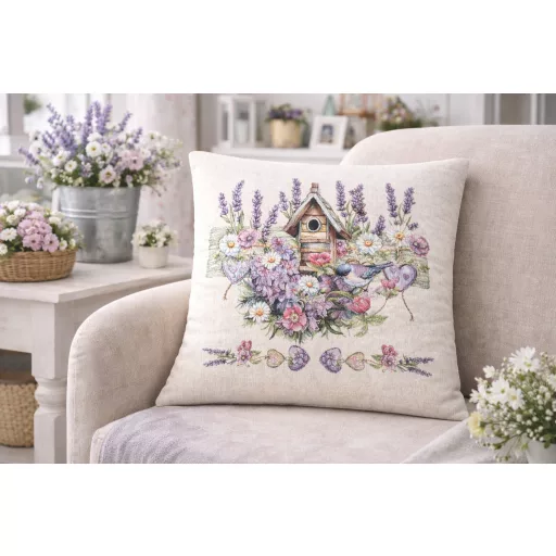 Levendulás, madárházas díszpárna huzat