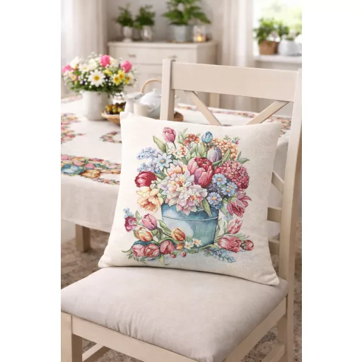 Tulipános virágcsokor vödörben díszpárna huzat