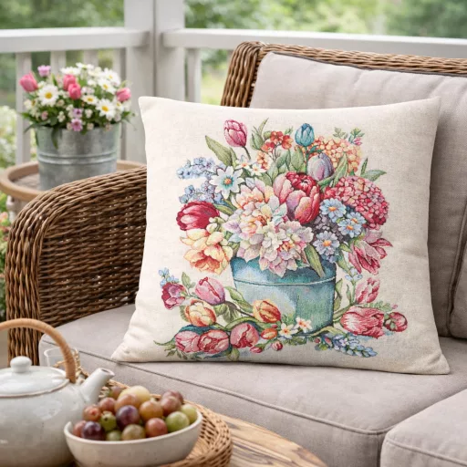 Tulipános virágcsokor vödörben díszpárna huzat