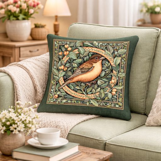 Erdei madár, zöld keretes (A) díszpárna huzat