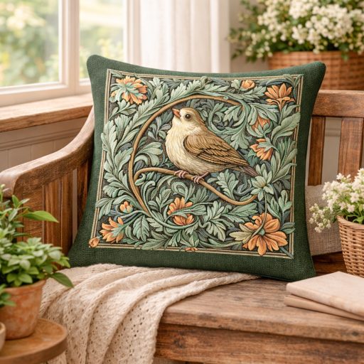 Erdei madár, zöld keretes (B) díszpárna huzat