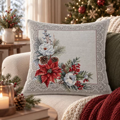 Mikulásvirágos (csipkés) gobelin díszpárna huzat, ezüst lurex