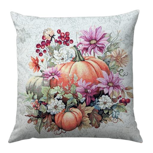 Őszi narancssárga tökös, virágos díszpárna huzat