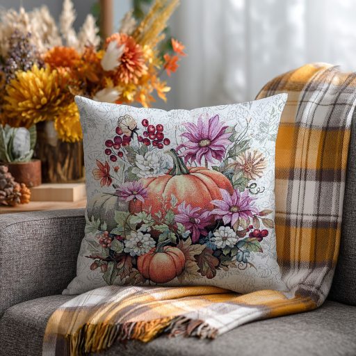 Őszi narancssárga tökös, virágos díszpárna huzat
