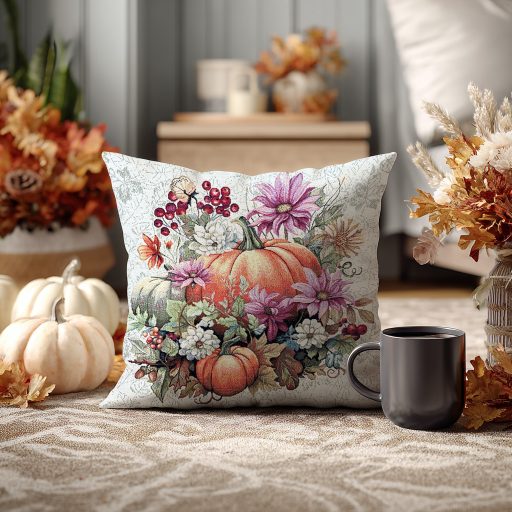 Őszi narancssárga tökös, virágos díszpárna huzat