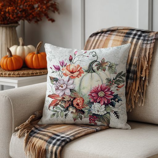 Őszi fehér tökös, virágos díszpárna huzat