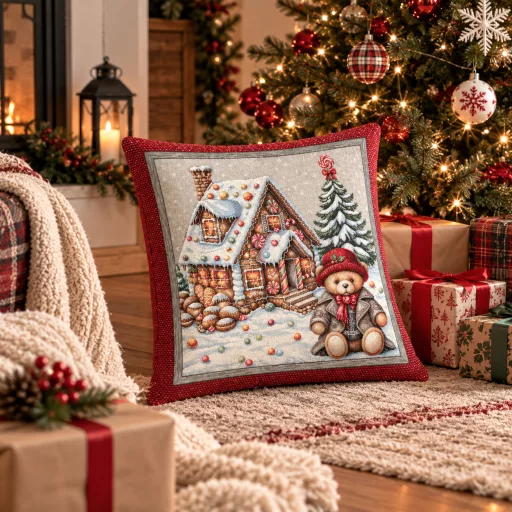 Mackós, mézeskalácsos gobelin díszpárna huzat, ezüst lurex
