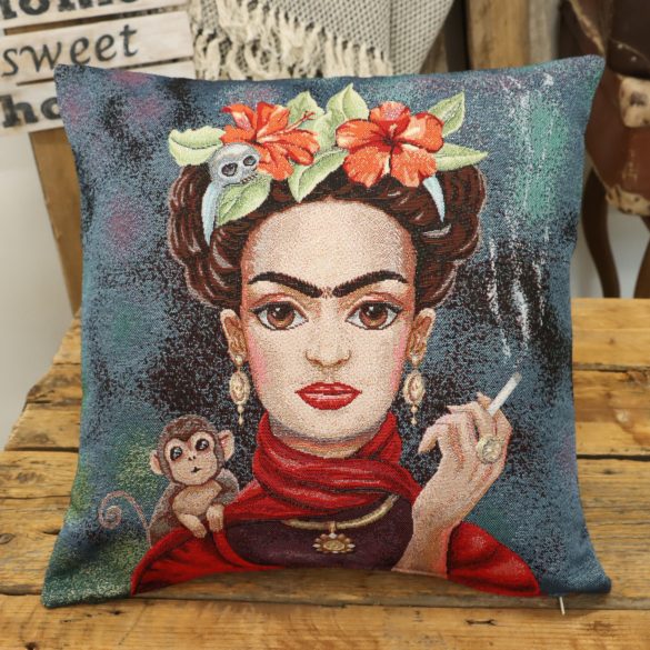Frida Kahlo, kismajmos, ezüst lurex díszpárna huzat