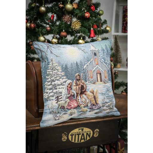 Szenteste a havas tájban díszpárna huzat, ezüst lurex