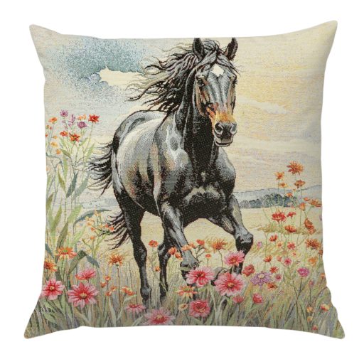 Fekete ló a virágos mezőn díszpárna huzat