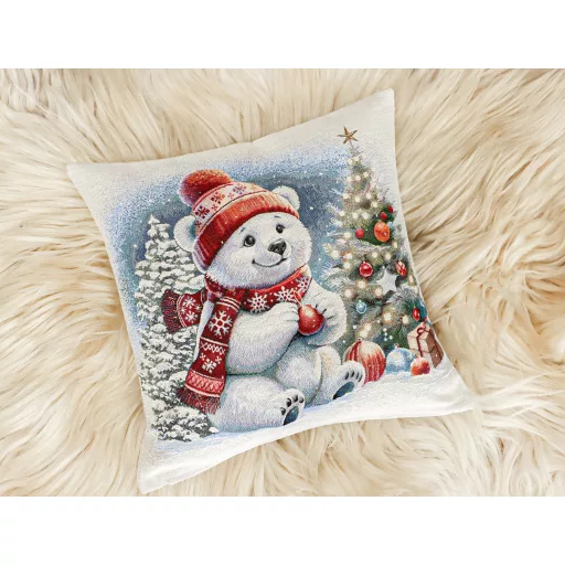 Jegesmaci a hóban ünnepi gobelin díszpárna huzat, lurex nélkül