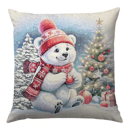 Jegesmaci a hóban ünnepi gobelin díszpárna huzat, lurex nélkül