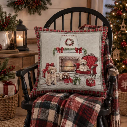 Kiskutyák a kandallónál gobelin díszpárna huzat, ezüst lurex