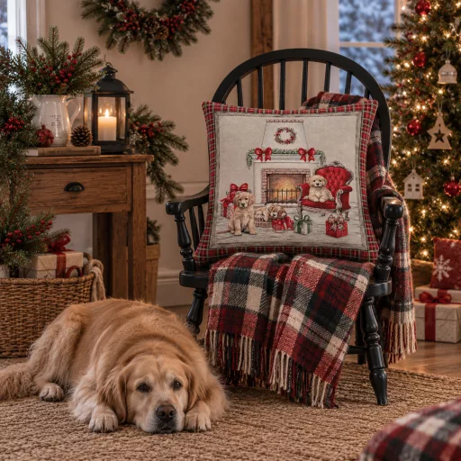 Kiskutyák a kandallónál gobelin díszpárna huzat, ezüst lurex