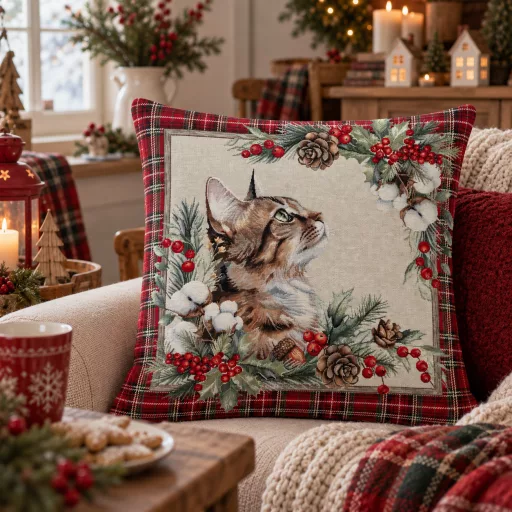 Cicás, piros kockás gobelin díszpárna huzat, arany lurex
