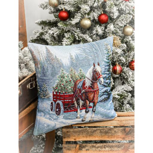 Lovaskocsi az erdőben díszpárna huzat, ezüst lurex