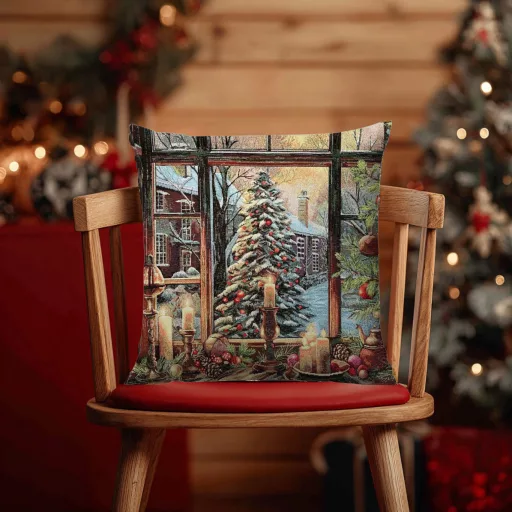 Gyertyafényes karácsony gobelin díszpárna huzat, arany lurex