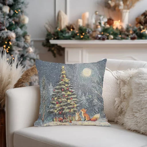 Csodafa az éjszakában ünnepi gobelin díszpárna huzat, arany lurex