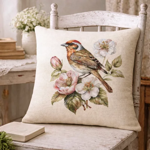 Madár a virágzó ágon díszpárna huzat