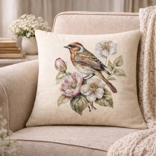 Madár a virágzó ágon díszpárna huzat