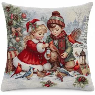 Gyerekek a hóban gobelin díszpárna huzat, ezüst lurex