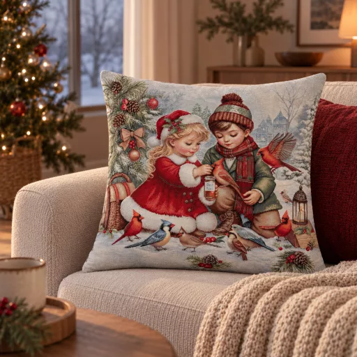 Gyerekek a hóban gobelin díszpárna huzat, ezüst lurex