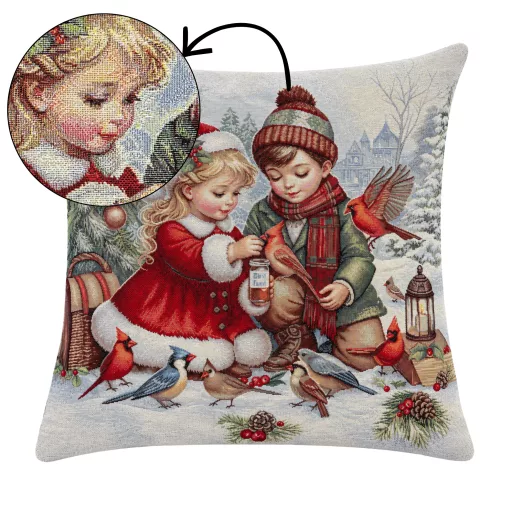 Gyerekek a hóban gobelin díszpárna huzat, ezüst lurex