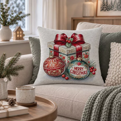 Ajándék doboz ünnepi gobelin díszpárna huzat, arany lurex