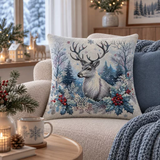 Fehér szarvasos, csipkebogyós gobelin díszpárna huzat, arany lurex