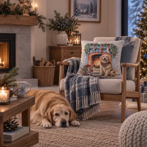 Kutyus a kandallónál gobelin díszpárna huzat, ezüst lurex