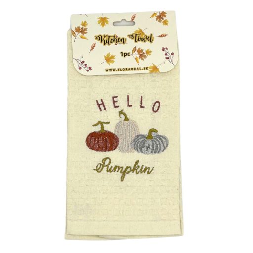 Őszi, hello pumpkin feliratos, hímzett pamut konyharuha 1 db-os