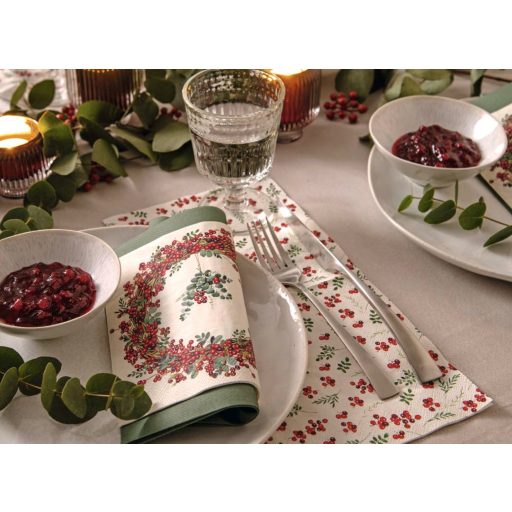 Berry wreath bogyós ünnepi szalvéta, 3 rétegű, 20 db/csomag, IHR