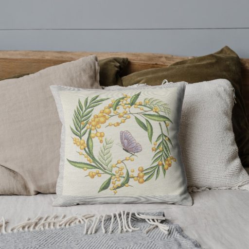 Sárga mimóza virágos, pillangós díszpárna huzat