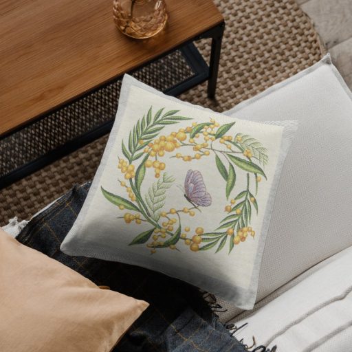 Sárga mimóza virágos, pillangós díszpárna huzat