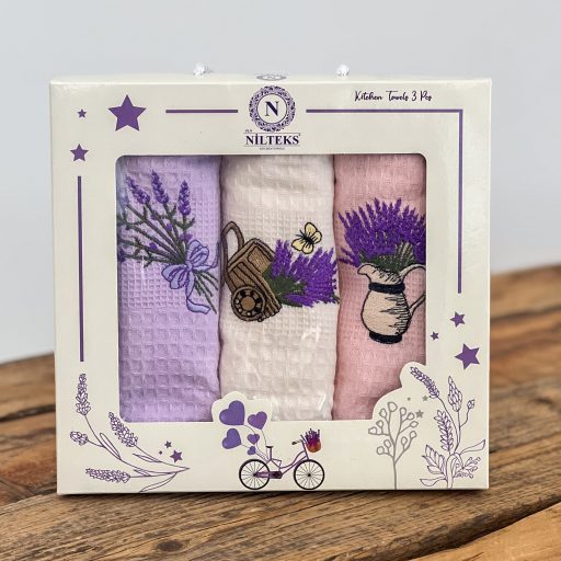 Levendulás (hímzett) konyharuha szett díszdobozban, 3 db-os