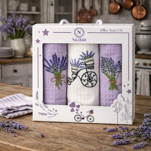 Levendulás (hímzett) konyharuha szett díszdobozban, 3 db-os