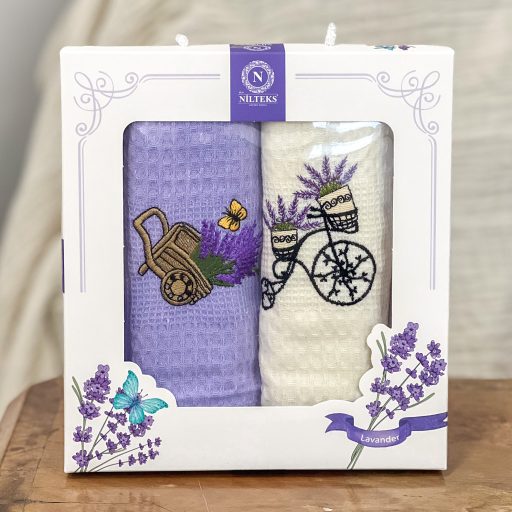 Levendulás (lila és fehér) konyharuha szett díszdobozban, 2 db-os