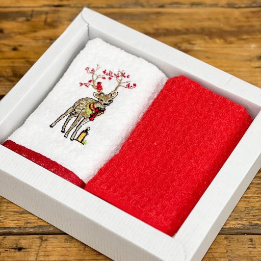 Szarvasos konyhai törölköző szett díszdobozban (piros), 2 db-os