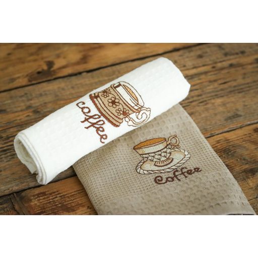 Kávés hímzett konyharuha szett díszdobozban, 2 db-os (fehér doboz)