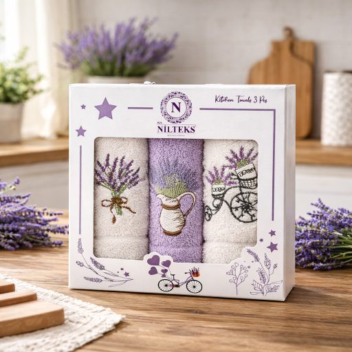 Levendulás frottír kéztörlő szett díszdobozban, 3 db-os