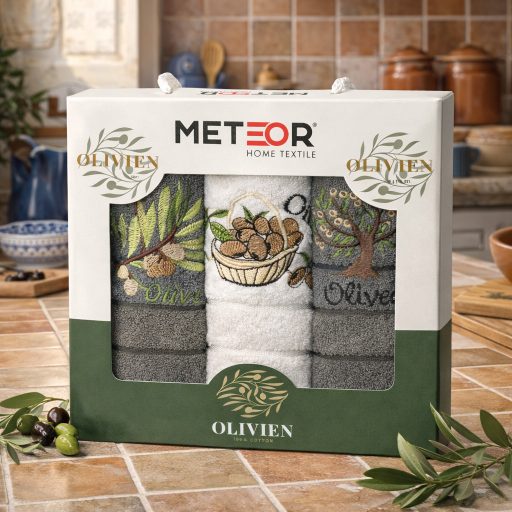 Olivás frottír kéztörlő szett díszdobozban, 3 db-os