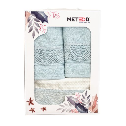 Csipkés frottír és gofri konyharuha szett díszdobozban, babakék, 3 db-os