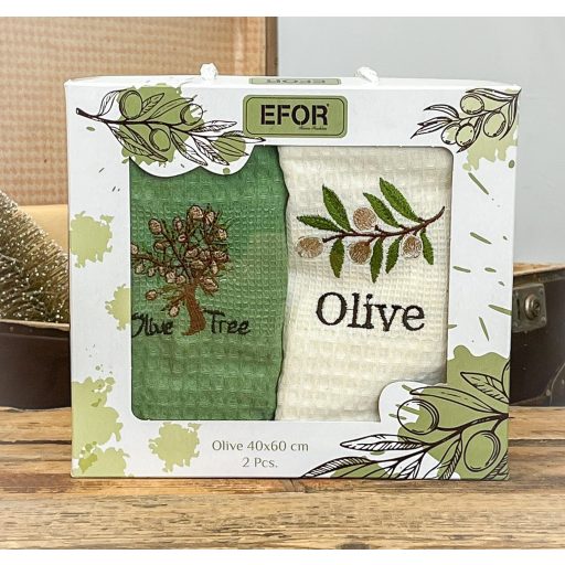 Olivás (fehér és olivazöld) konyharuha szett díszdobozban, 2 db-os