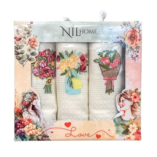 Virágcsokros konyharuha szett díszdobozban, 3 db-os
