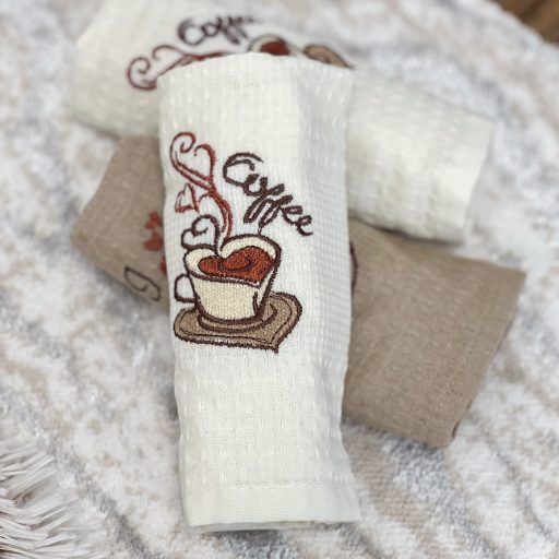 Kávés, szivecskés konyharuha szett díszdobozban, 3 db-os