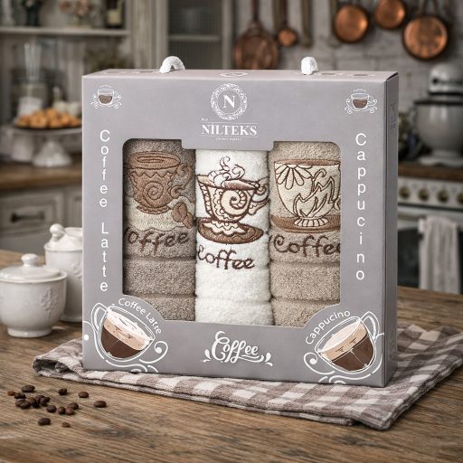 Kávés frottír kéztörlő szett díszdobozban, 3 db-os