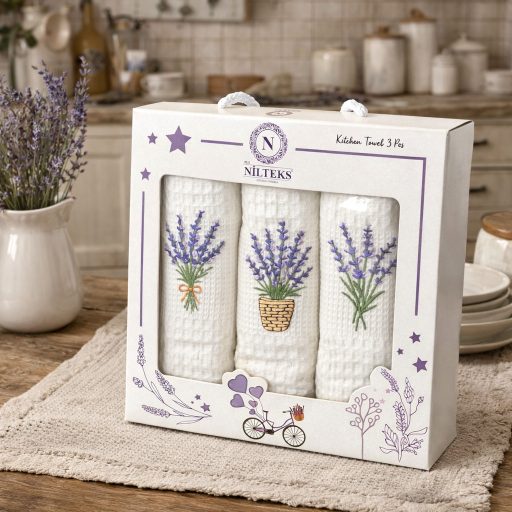 Levendula csokros (hímzett) konyharuha szett díszdobozban, 3 db-os