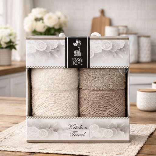 Frottír kéztörlő szett díszdobozban (barna-fehér), 2 db-os